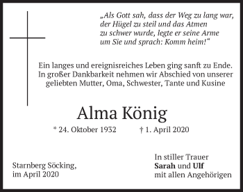 Todesanzeige von Alma König von merkurtz