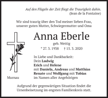 Todesanzeige von Anna Eberle von merkurtz