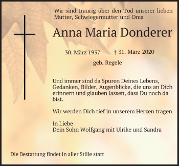 Todesanzeige von Anna Maria Donderer von merkurtz