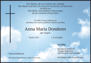 Todesanzeige von Anna Maria Donderer von merkurtz