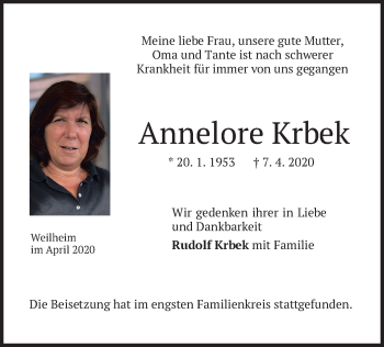 Todesanzeige von Annelore Krbek von merkurtz