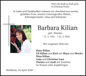 Todesanzeige von Barbara Kilian von merkurtz