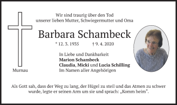 Todesanzeige von Barbara Schambeck von merkurtz