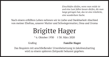 Todesanzeige von Brigitte Hager von merkurtz