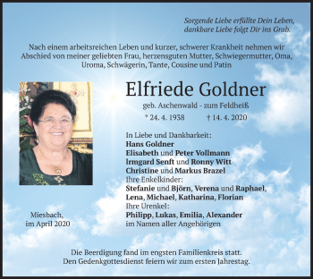 Todesanzeige von Elfriede Goldner von merkurtz