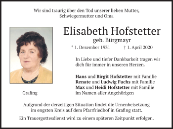Todesanzeige von Elisabeth Hofstetter von merkurtz