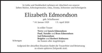Todesanzeige von Elizabeth Edmondson von merkurtz