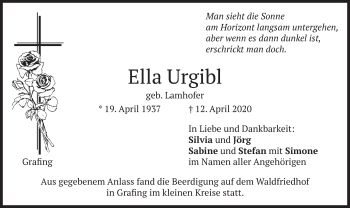 Todesanzeige von Ella Urgibl von merkurtz