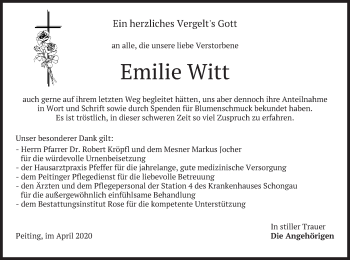 Todesanzeige von Emilie Witt von merkurtz