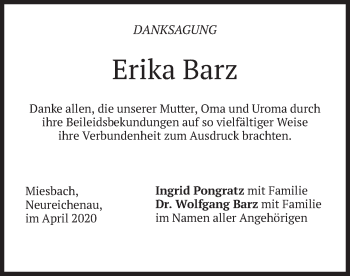 Todesanzeige von Erika Barz von merkurtz