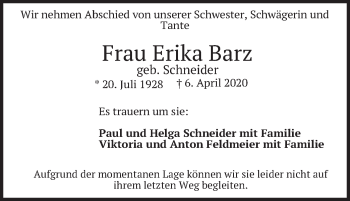Todesanzeige von Erika Barz von merkurtz