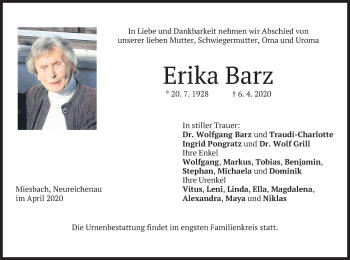 Todesanzeige von Erika Barz von merkurtz
