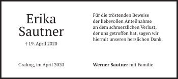 Todesanzeige von Erika Sautner von merkurtz