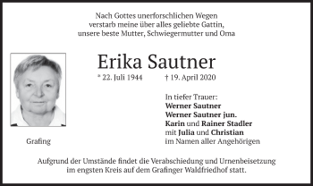Todesanzeige von Erika Sautner von merkurtz