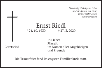 Todesanzeige von Ernst Riedl von merkurtz