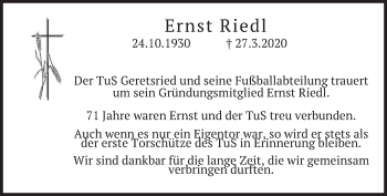 Todesanzeige von Ernst Riedl von merkurtz