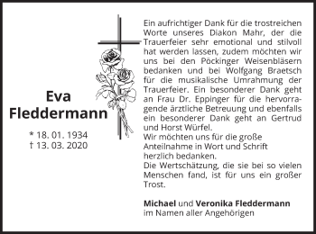 Todesanzeige von Eva Fleddermann von merkurtz