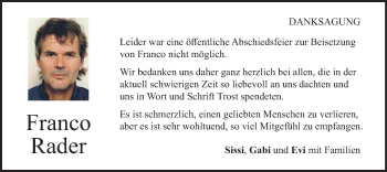 Todesanzeige von Franco Rader von merkurtz