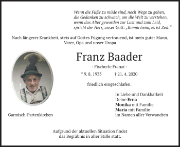 Todesanzeige von Franz Baader von merkurtz