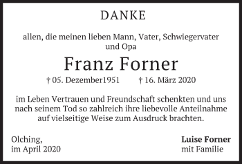 Todesanzeige von Franz Forner von merkurtz