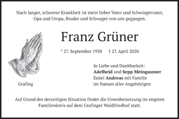 Todesanzeige von Franz Grüner von merkurtz