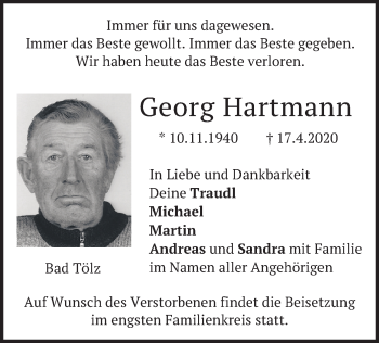 Todesanzeige von Georg Hartmann von merkurtz