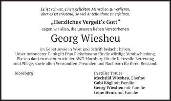 Todesanzeige von Georg Wiesheu von merkurtz