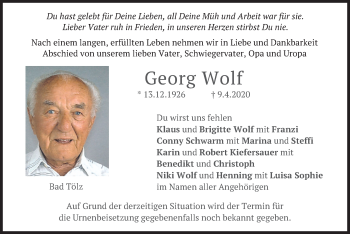 Todesanzeige von Georg Wolf von merkurtz