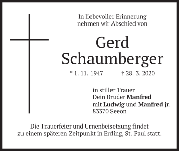 Todesanzeige von Gerd Schaumberger von merkurtz
