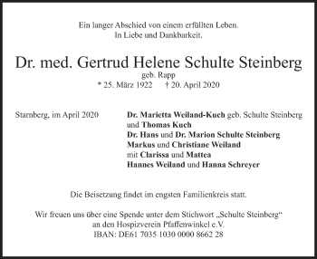 Todesanzeige von Gertrud Helene Schulte Steinberg von merkurtz