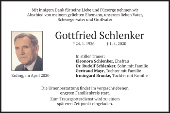 Todesanzeige von Gottfried Schlenker von merkurtz