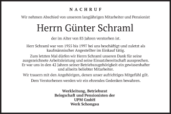 Todesanzeige von Günter Schraml von merkurtz
