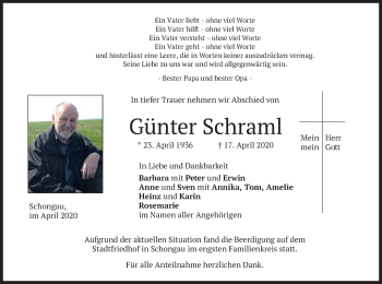 Todesanzeige von Günter Schraml von merkurtz