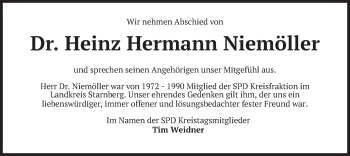 Todesanzeige von Heinz Hermann Niemöller von merkurtz