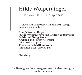Todesanzeige von Hilde Wolperdinger von merkurtz