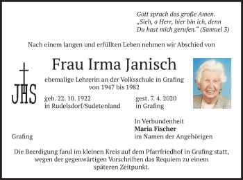 Todesanzeige von Irma Janisch von merkurtz