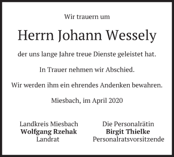 Todesanzeige von Johann Wessely von merkurtz