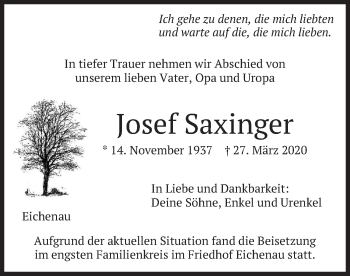 Todesanzeige von Josef Saxinger von merkurtz