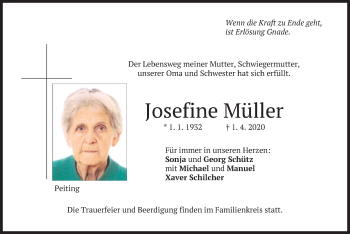 Todesanzeige von Josefine Müller von merkurtz