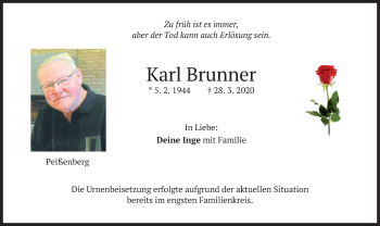 Todesanzeige von Karl Brunner von merkurtz