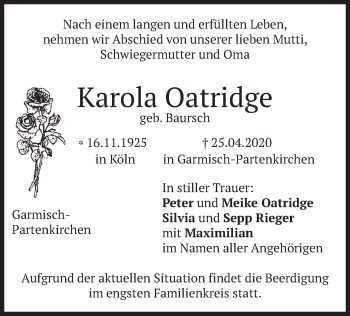 Todesanzeige von Karola Oatridge von merkurtz