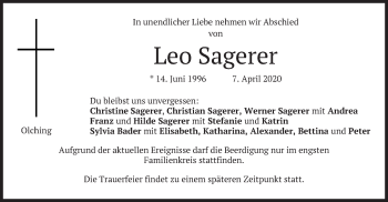 Todesanzeige von Leo Sagerer von merkurtz