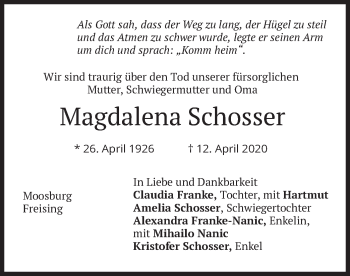 Todesanzeige von Magdalena Schosser von merkurtz
