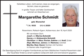 Todesanzeige von Margarethe Schmidt von merkurtz