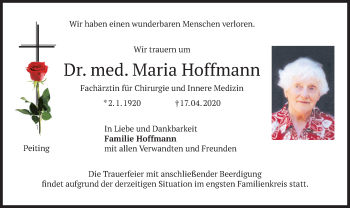 Todesanzeige von Maria Hoffmann von merkurtz