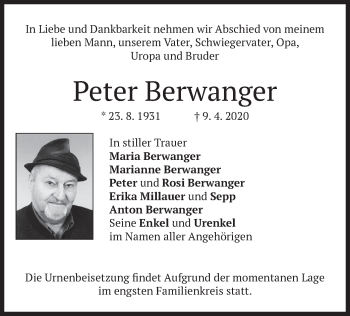 Todesanzeige von Peter Berwanger von merkurtz