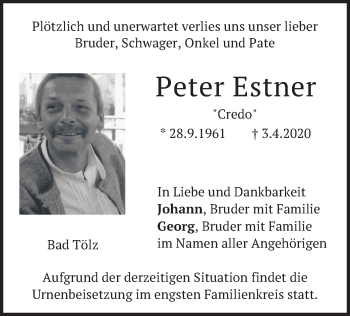 Todesanzeige von Peter Estner von merkurtz