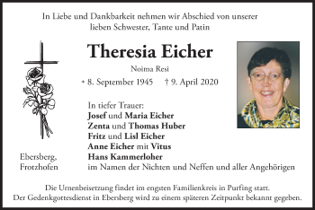 Todesanzeige von Theresia Eicher von merkurtz