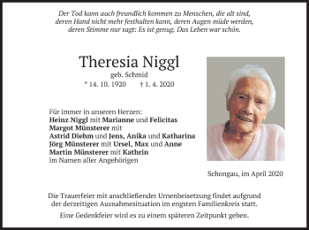 Todesanzeige von Theresia Niggl von merkurtz