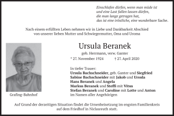 Todesanzeige von Ursula Beranek von merkurtz